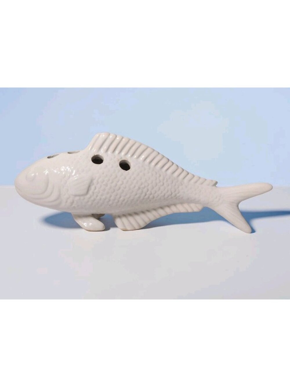 Vintage Figural Carp Fish Vase with Flower Frog 10" White Coastal Asian
